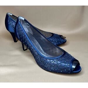 Adrianna Papell Jamie Navy Saba Mesh Peep Toe Kitten Heels 10 M New